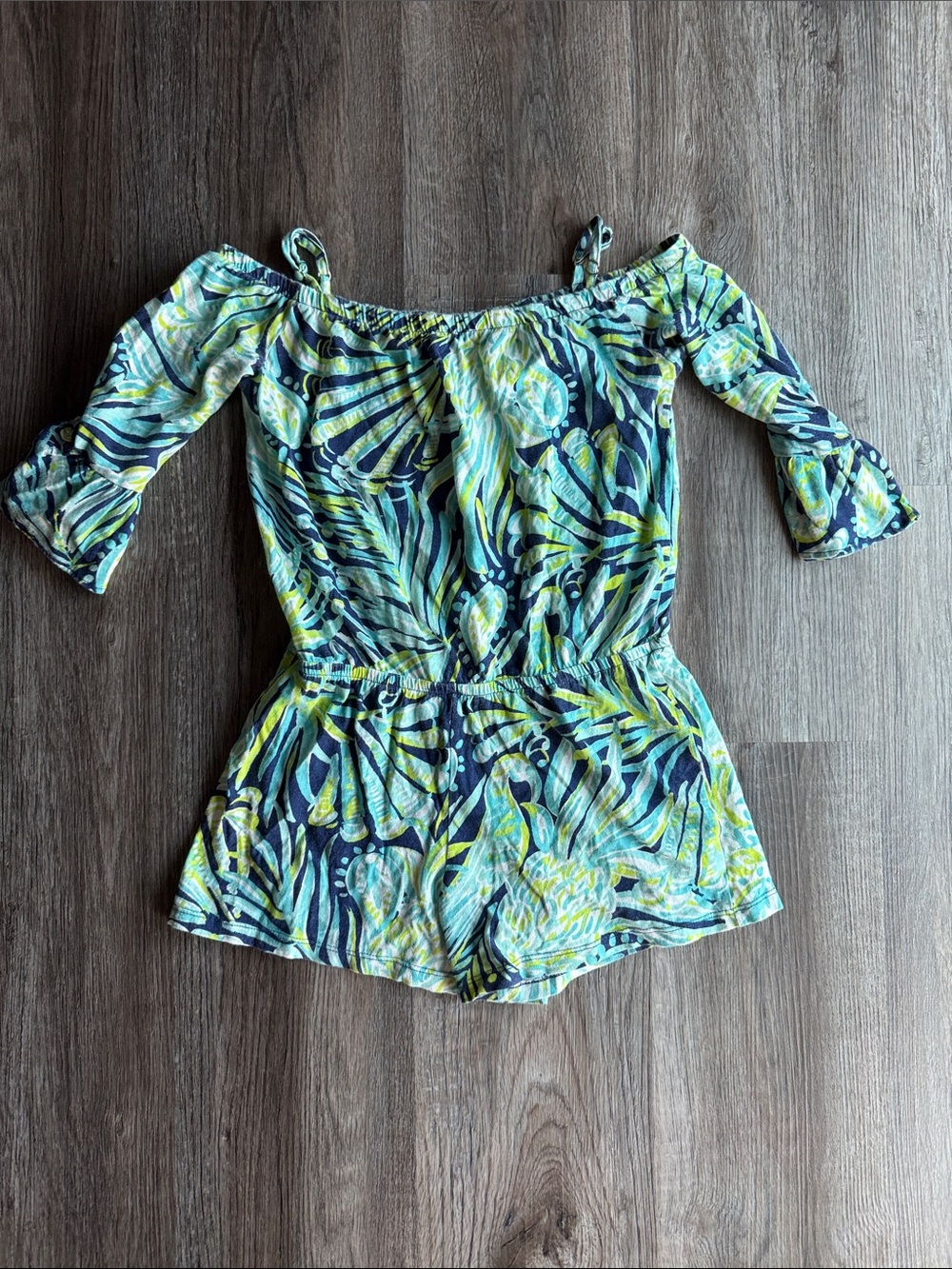 Lilly Pulitzer Teal, Navy & Lime Tropical Print Romper